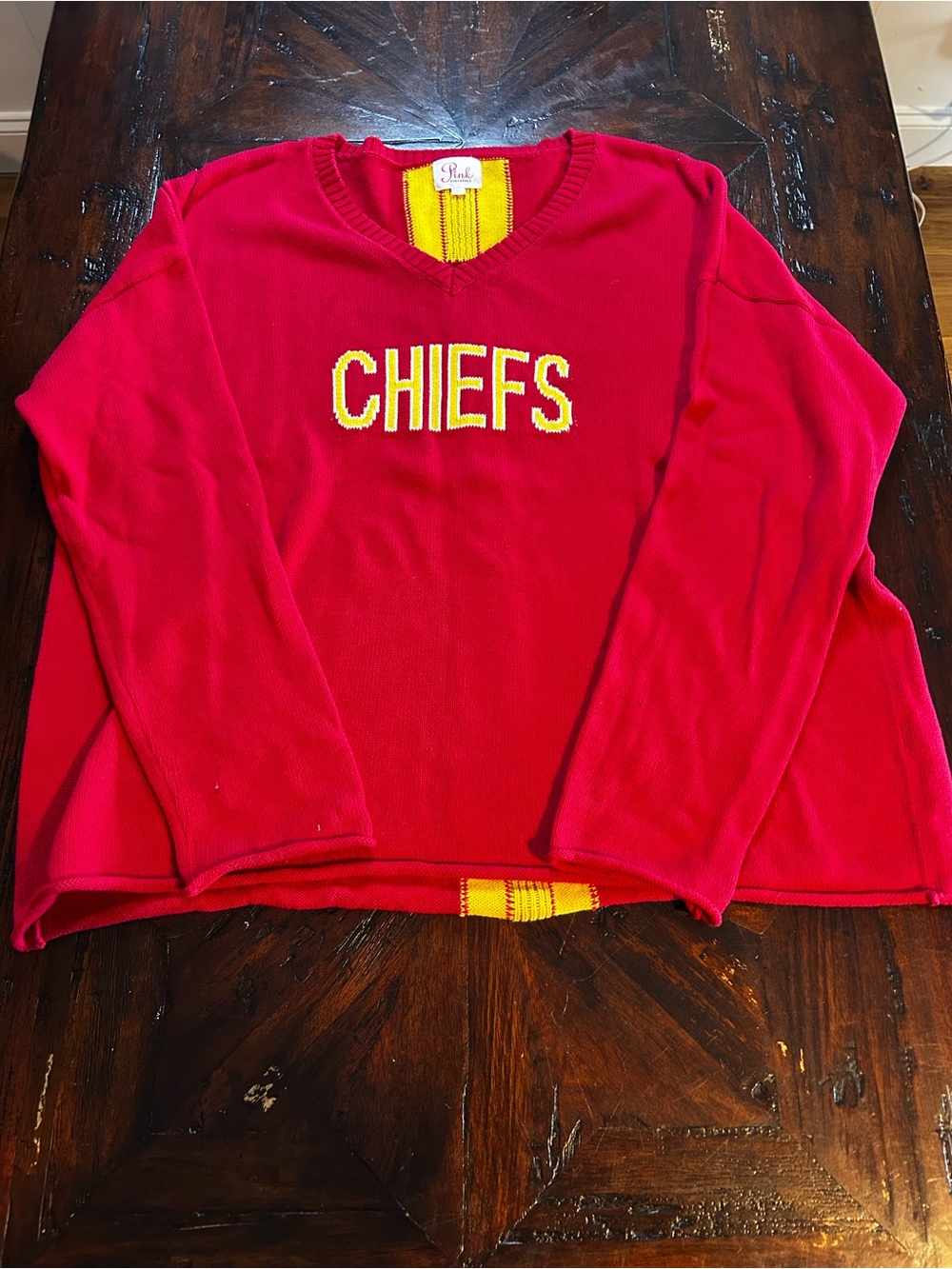 Pink Pineapple Red V-Neck Sweater with CHIEFS Lettering